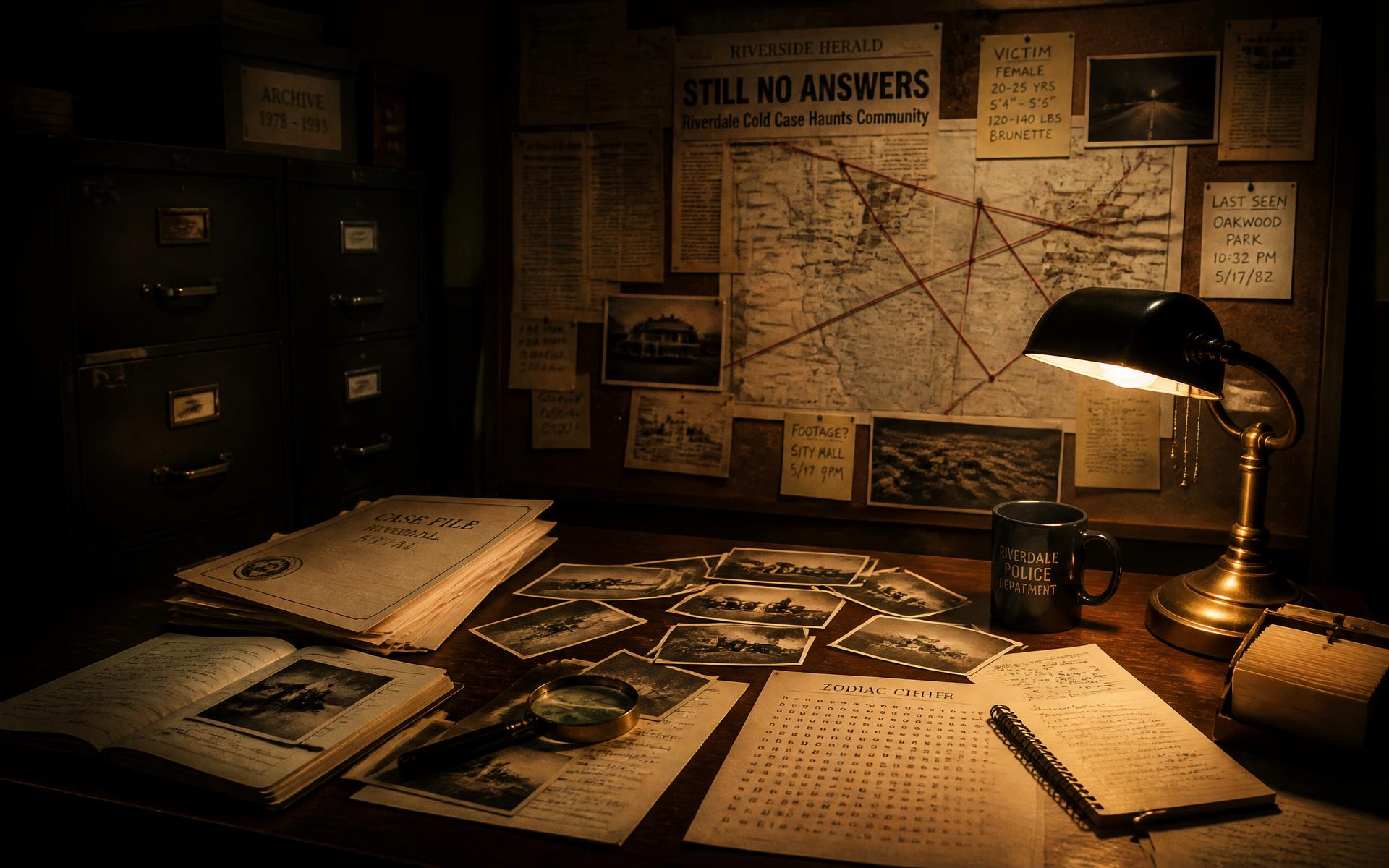 A cold-case investigation room: evidence desk, case files and a corkboard of maps lit by an amber desk lamp